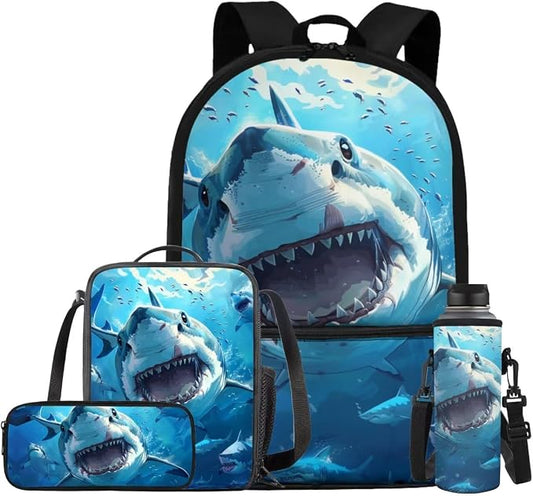 Shark Backpack for Boys Kids Backpack with Lunch Box Water Bottle Holder and Soft Pencil Case 4 in 1 Set Bookbag with Front Pocket for School Teens 17 inch Lightweight School Bag for Girls by ELEDIZI