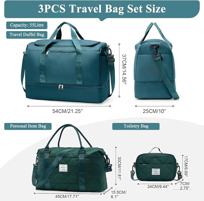 Extra Large Travel Duffle Bag,Carry on Overnight Bag with Shoes Compartment,Weekender Bags for Women for Travel Business Trips Sport Hospital,3 Pcs Set,Peacock Blue - Image 4