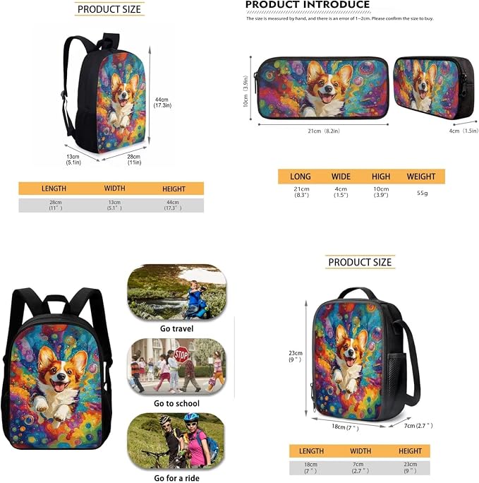 Mumeson Corgi Student 3 in 1 Backpack Set for Middle High School Cute Bookbag Sets with Lunch Box Pencil Case Set for Boys Girls Large Capacity Travel Daypack Rucksack - Image 5