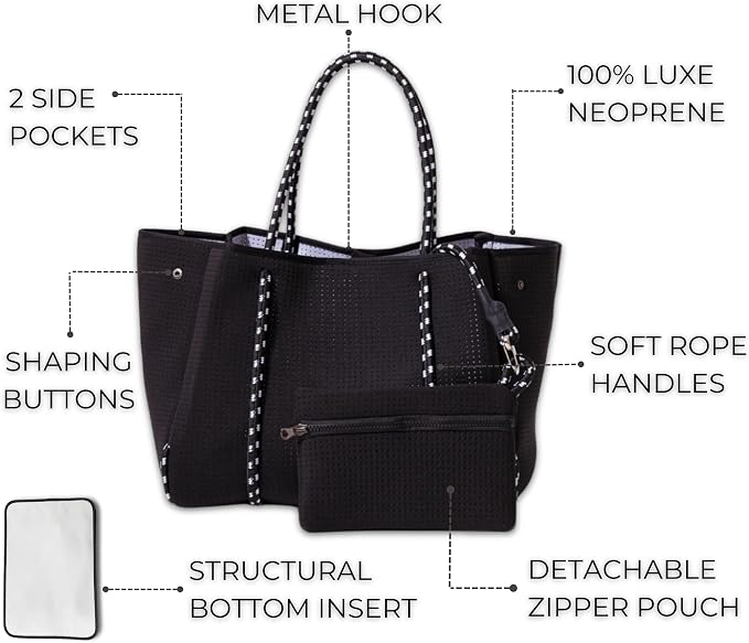 POPUPS Large Neoprene Tote Bag for Women - Everyday Designer Handbag for Travel Work and Beach with Pockets and Zipper Pouch - Image 6