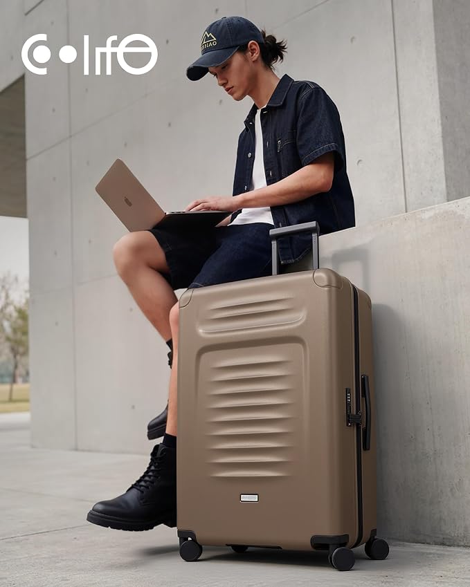 Coolife Checked Suitcases Luggage: Large Travel Luggage with Spinner Wheels Expandable Hardside Suitcases with TSA Lock,29 Inch Apricot - Image 2