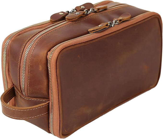 Personalized Leather Toiletry Bag for Men Travel Shaving Dopp Kit-Large Cosmetic Bags Toiletries Bathroom Organizer (Brown(full grain leather)) by ROCKCOW