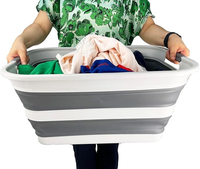SMMART Collapsible Plastic Laundry Basket with Handle/Foldable Pop Up Storage Hamper/Portable Laundry Organizer-Space Saving Washing Tub/Household Storage Supplies (Grey/Steel Grey, 42L (Set of 2)) - Image 4