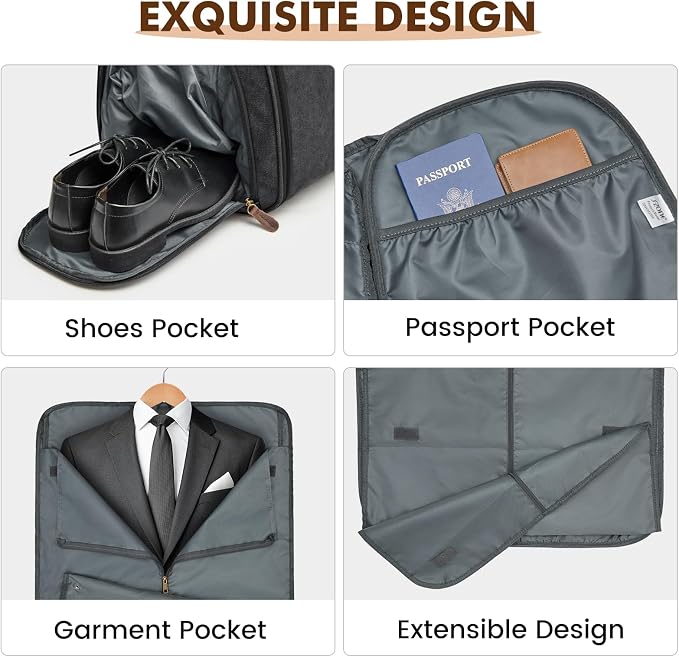 S-ZONE Garment Bags for Travel Canvas Duffle Bags for Men Hanging Suitcase | Individual Toiletry Bag, Multi-Pockets, Carry-on Size, Trolley Sleeve, for Gym or Business - Image 6