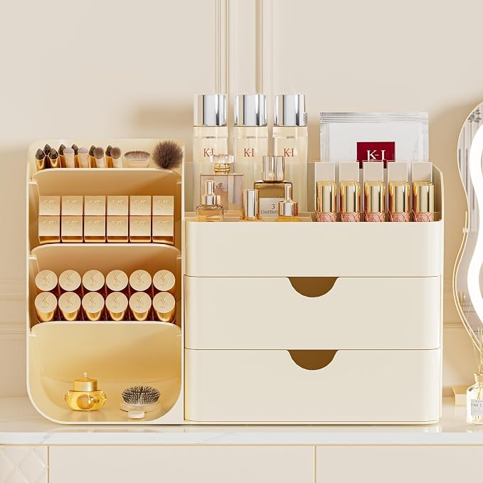 Makeup Organizer with Drawers, Large Capacity Countertop Organizer for Vanity, Bathroom and Bedroom Desk Cosmetics Organizer, Easy To Storage Skincare,Brushes, Eyeshadow,Lipstick (All Cream) - Image 3
