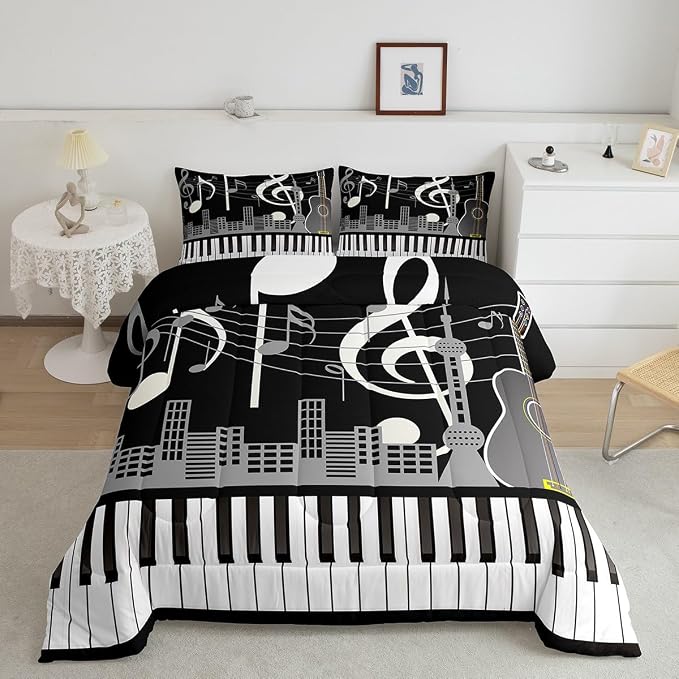 Erosebridal Paino Keys Bedding Set King Size Musical Notes Comforter Set Guitar Rock Music Bedding Comforter for Kids Boys Teens Men Retro Black White Grey Down Comforter Bedroom Decor 3 Piece - Image 2