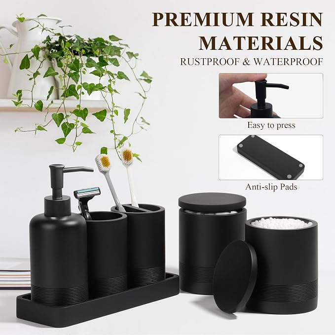 Bathroom Accessories Set, 6-Piece Bathroom Accessory Set, Toothbrush Holders Set, Soap Dispenser, Vanity Tray, Tumbler, Cotton Swab Jars, Bathroom Organizer for Modern Bathrooms(Matte Black) - Image 5