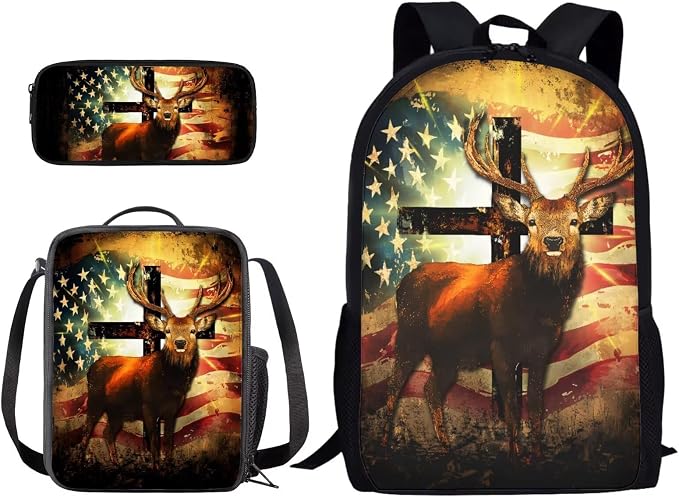 17 Inch Knapsack Set Elementary and Middle School Students Lightweight School Bag Set, Reusable Backpack Set with Lunch Bag Pen Bag, Deer American Flag Shining Cross by PCSJRKG