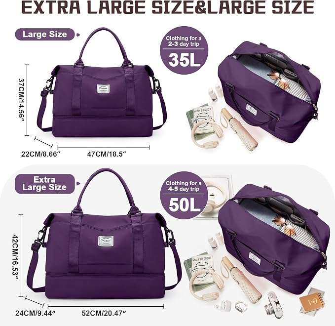 Travel Duffel Bag with Shoes Compartment, Overnight Weekender Bags for Women, Carry on Personal Item Travel Set,Extra Large(Dark Purple) | Overnight Carry-On Bag with Toiletry Bag & Wet Pocket & Trolley Sleeve,Extra Large - Image 2