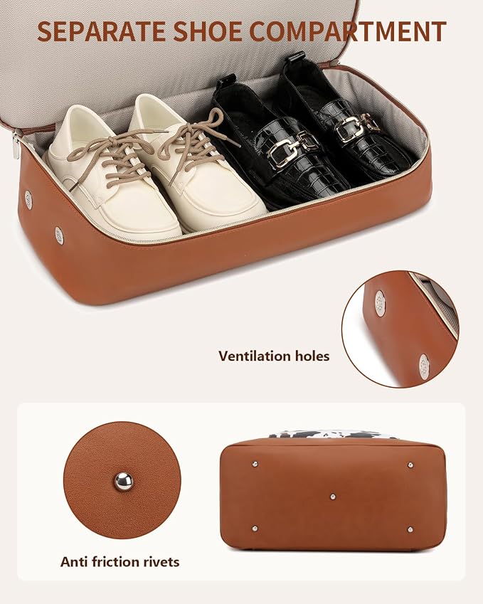 Weekender Bags for Women, Travel Duffle Bag Carry On Overnight Bag with Cosmetics Bag and Crossbody Purse for Gym Hospital, Gifts for Women, Cow Print Brown - Image 4