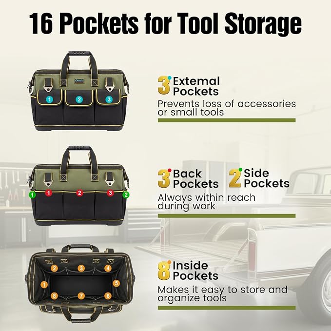 Tool Bag, Ounic 20 Inch Large Tool Tote Bag Heavy Duty With Waterproof Molded Base, Wide Mouth Tool Box Organizer with Adjustable Shoulder Strap for Electrician Mechanic Craftsman Plumbers(Green) - Image 3