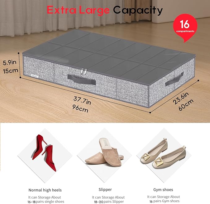 Onlyeasy Sturdy Under Bed Shoe Storage Organizers with Handles & Clear Window (16 to 32 Pairs) 2 Pack, Closet Shoes Containers Boxes for Kids & Adults, 37.7"x23.6"x5.9", Linen-like Grey, MXDUBS16P2 - Image 2