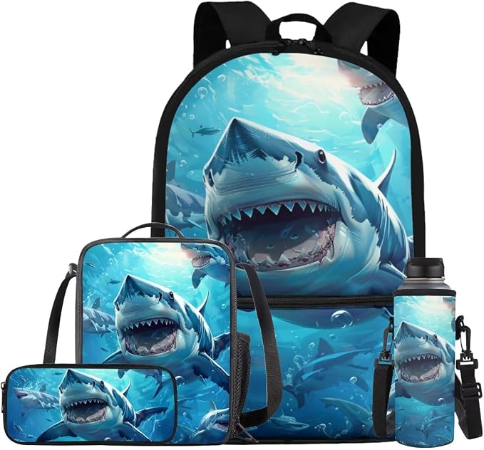 Shark Backpack for Boys Kids Backpack with Lunch Box Water Bottle Bag and Cute Pencil Case 4PCS Set Bookbag with Front Pocket for School Teens 17 inch Large Capacity School Bag for Girls by ELEDIZI