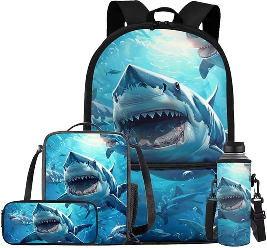 Shark Backpack for Boys Kids Backpack with Lunch Box Water Bottle Bag and Cute Pencil Case 4PCS Set Bookbag with Front Pocket for School Teens 17 inch Large Capacity School Bag for Girls by ELEDIZI
