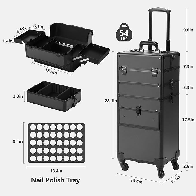 Somduy 4 in 1 Rolling Makeup Case on Wheels with Drawer and Professional Cosmetic Organizers for Salon Barber - Bright Black - Image 7