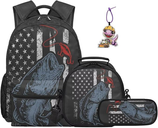 USA Flag Bass Fishing Boys Backpack Set 4-Piece, Patriotic Bookbag with Lunch Box Pencil Case for Elementary School Kids, Water Resistant School Bag for Ages 6-12, Grades 1-5 by Dremagia
