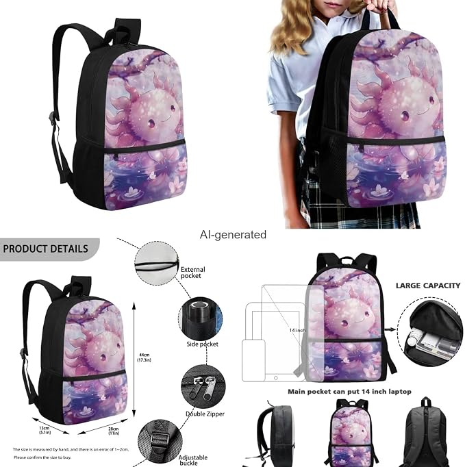 Cherry Blossom Axolotl Backpack for Girls Kids Backpack with Lunch Box Water Bottle Pouch and Kawaii Pencil Case 4PCS Set Cute Bookbag with Front Pocket 17" School Bag for Elementary Girls - Image 3