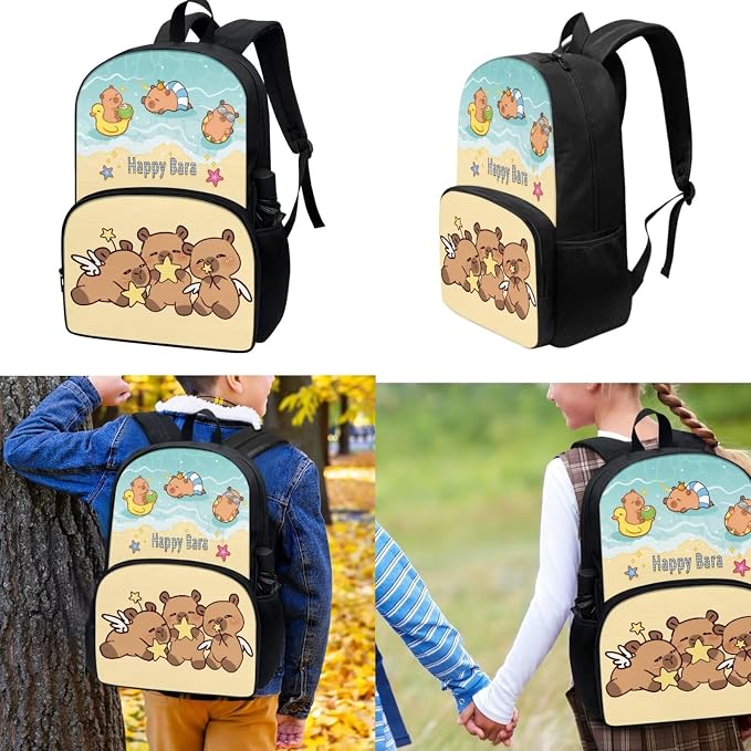 Capybara Happy School Backpack for Girls, 3Pcs Students Backpack, Elementary Bookbag Sets with Lunch Box Pencil Case for School - Image 2