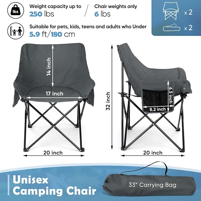 HaSteeL Camping Chair for Adults, Compact Folding Portable Chairs Set with Side Pockets for Outdoors Fishing, Hiking, Backpacking, Picnic, Beach, Travel, Supports to 250lbs, & Storage Bags (Grey) - Image 2