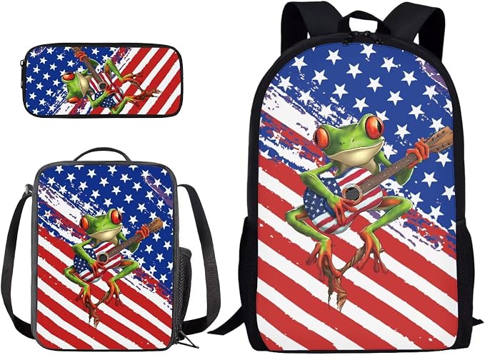 American Flag Frog Guitar Print 3 In 1 Schoolbag Set for School or Travel with Lunch Bag and Pencil Case, Large Lightweight 4th of July Backpack Set for Boys and Girls, School Bookbag Set by PCSJRKG
