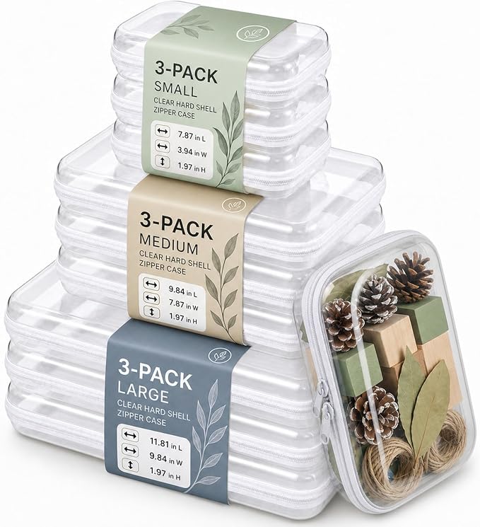 Dimore Ultimate Organizer Kit - 9 Pack Clear Hard Shell Zipper Case (3 Large + 3 Medium + 3 Small) Multi-Size Set, Complete Storage Solution for Makeup, Crafts, Toys, Electronics by Dimore
