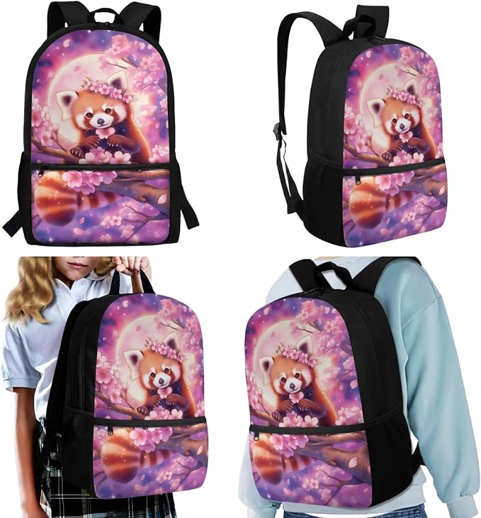 Kawaii Red Panda Cherry Blossom Girls 4Pcs School Backpack with Lunch Box 17 Inch School Bag and Pencil Case Water Bottle Pouch, Cute Floral Animal Bookbag Elementary Kindergarten - Image 2