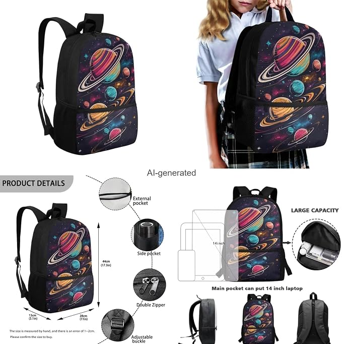 Space Galaxy Backpack for Girls Kids Backpack with Lunch Box Water Bottle Holder and Soft Pencil Pouch 4PCS Set Big Bookbag with Front Pocket for School 17 inch Sturdy School Bag for Boys - Image 3