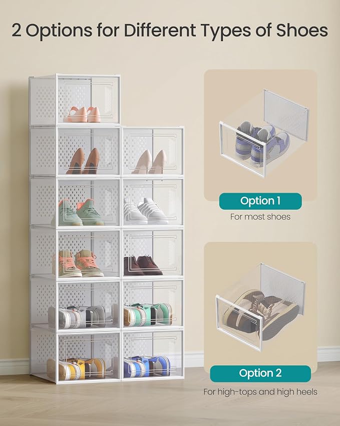 SONGMICS Shoe Boxes, Pack of 18 Shoe Storage Organizers, Stackable Clear Plastic Boxes for Closet, Sneakers, 13.1 x 9.9 x 7.4 Inches, Transparent and White ULSP18MWT - Image 4