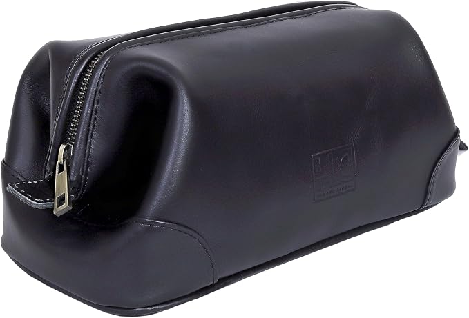 HLC Leather Toiletry Bag for Men Best Gift Premium Genuine Dopp Kit Shaving Kit Organizer Travel Kit Pouch Bag 10 inch Size (Black) by HLCLeather