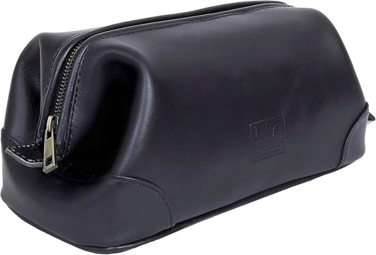 HLC Leather Toiletry Bag for Men Best Gift Premium Genuine Dopp Kit Shaving Kit Organizer Travel Kit Pouch Bag 10 inch Size (Black) by HLCLeather