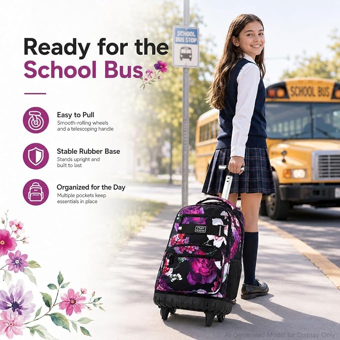 3Pcs Rolling Backpack for Girls, 19 Inche Rose Roller Bag with Wheels, Adults Wheeled Bookbag Set for Women(Black) - Image 2