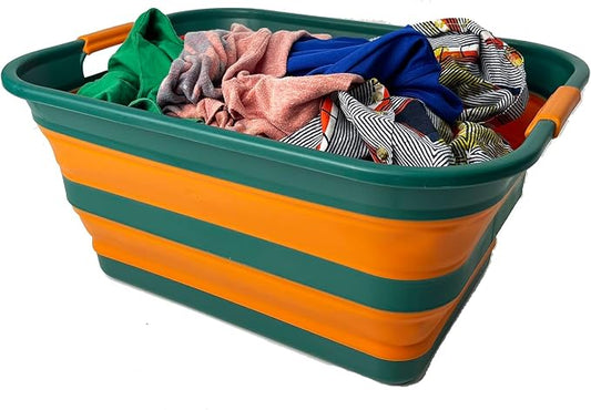 SAMMART Collapsible Plastic Laundry Basket with Handle/Foldable Pop Up Storage Hamper/Portable Laundry Organizer-Space Saving Washing Tub/Household Storage (Teal Green/Autumn leaf, 42L) by SAMMART