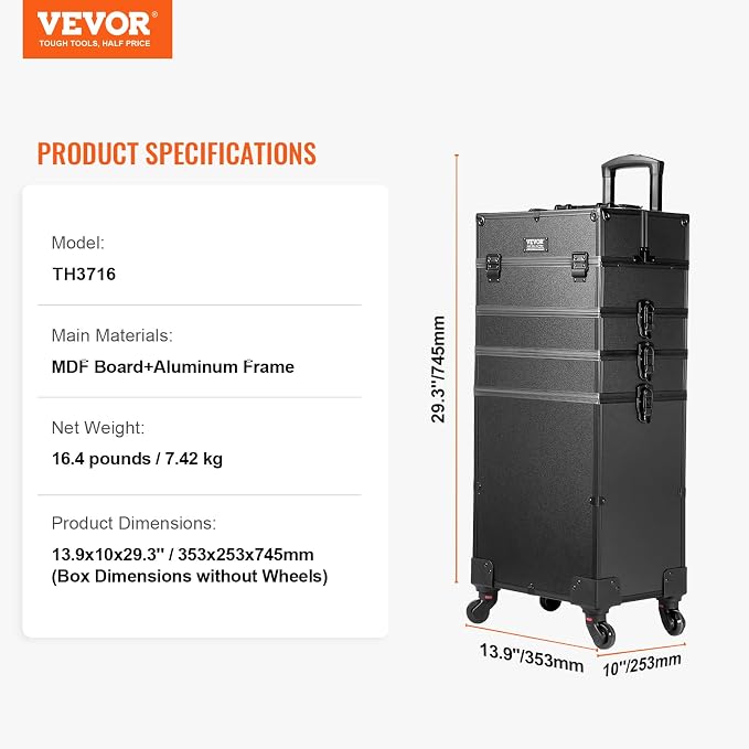 VEVOR Makeup Train Case Professional Makeup Storage Organizer Box Make Up Carrier for Women and Girls - Image 7