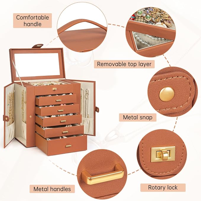 AKOZLIN 6-Tier Jewelry Box Organizer Functional 5 Drawers Leather Jewelry Storage Case for Women Girls Ring Necklace Earring Bracelet Holder Organizer with Mirror Extra Large Orange - Image 4