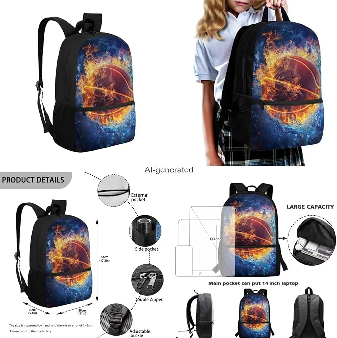 Galaxy Basketball Backpack for Boys Girls Backpack with Lunch Box Water Bottle Carrier and Large Pencil Case 4PCS Set Bookbag with Front Pocket for School 17 inch Sturdy School Bag for Kids - Image 3