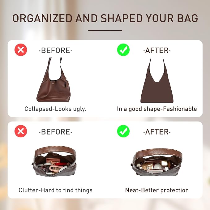 Doxo Purse Organizer Insert Compatible with Coach Brooklyn 28 Bag Insert, Soft Lightweight WaterResistant DupontPaper Divider for Tote Handbag Shaper, 7 Pockets with Zipper(White-Brown) - Image 3