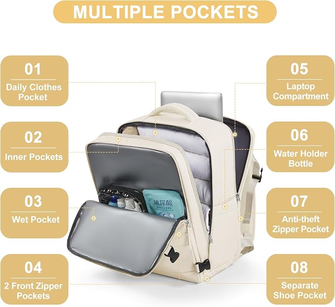 coofay Large Travel Backpack Carry on Flight Approved Mochila De Viaje Personal Item Backpack for Airlines Frontier Airlines Personal Item Bag Large Backpack for Travel Backpacks for Men Women Beige - Image 4