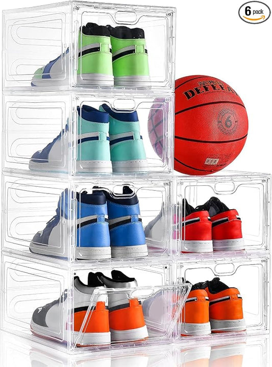 INSTY 6 Pack Large Shoe Storage Box, Clear Shoe Storage Organizer with Magnetic Door, Stackable,Shoe Containers For Display Sneakers, Easy Assembly, Fit up to US Size 12, Clear by INSTY