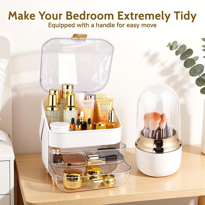 Makeup Organizer with Drawers-Cosmetic Display Case for Vanity-Skincare Organizer with 360 Rotating Brush Holder,Large Storage Box Dresser for Women Gifts, Bathroom Countertop,Gold - Image 6