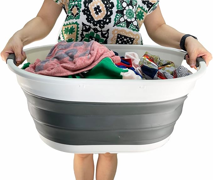 SAMMART 39L (10.3 gallons) Collapsible Plastic Laundry Basket - Foldable Washing Tub - Easy Storage & Pop Up Saving (Grey/Washed Black(Set of 2)) - Image 7