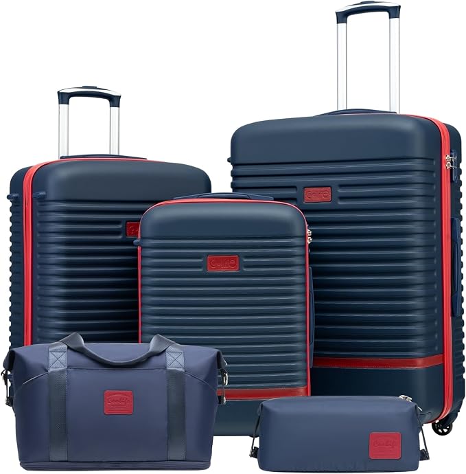Coolife 5 piece luggage Hardside Set with TSA Lock,Navy Red(DB/TB/20/24/28) | Multi-Directional Wheels;Convenient Trolley Strap;Water-Resistant Fabric;Spacious Zipper Compartments;Lightweight ABS by COOLIFE