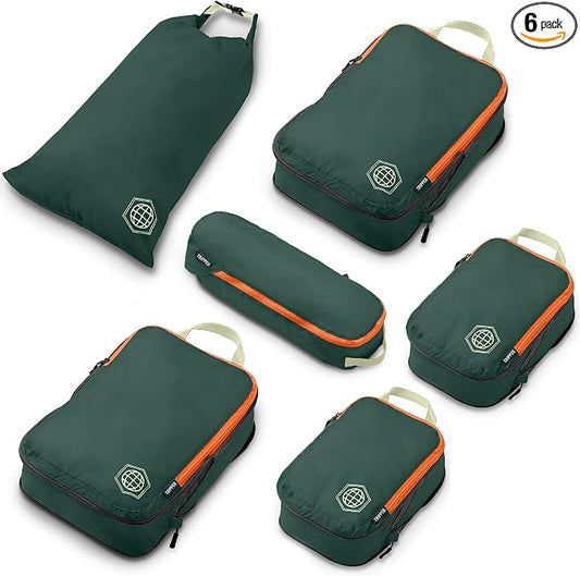 Compression Packing Cubes for Travel, 6-Piece Lightweight Packing Cubes Set for Carry-On Luggage & Backpacks – TRIPPED Travel Gear (Green and Orange) by TRIPPEDTravelGear