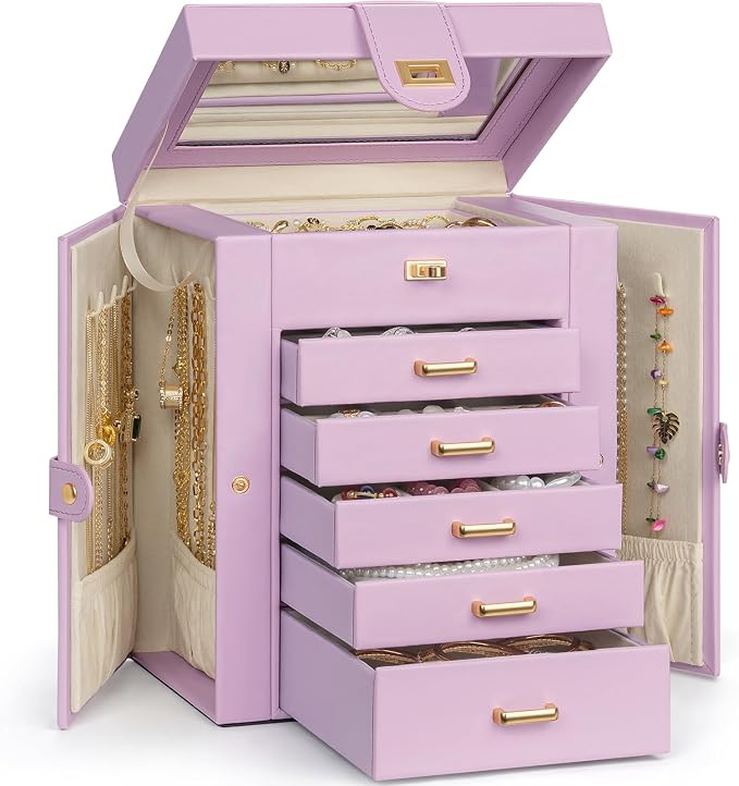 AKOZLIN 6-Tier Jewelry Box Organizer Functional 5 Drawers Leather Jewelry Storage Case for Women Girls Ring Necklace Earring Bracelet Holder Organizer with Mirror Light Purple Regular by AKOZLIN