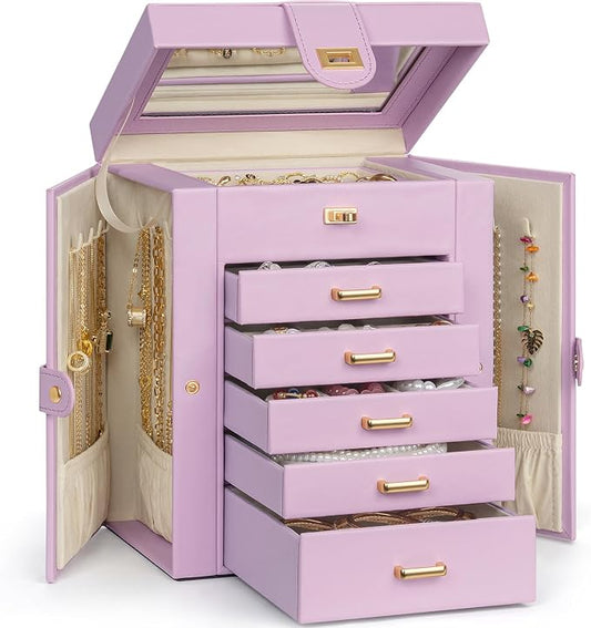 AKOZLIN 6-Tier Jewelry Box Organizer Functional 5 Drawers Leather Jewelry Storage Case for Women Girls Ring Necklace Earring Bracelet Holder Organizer with Mirror Light Purple Regular by AKOZLIN
