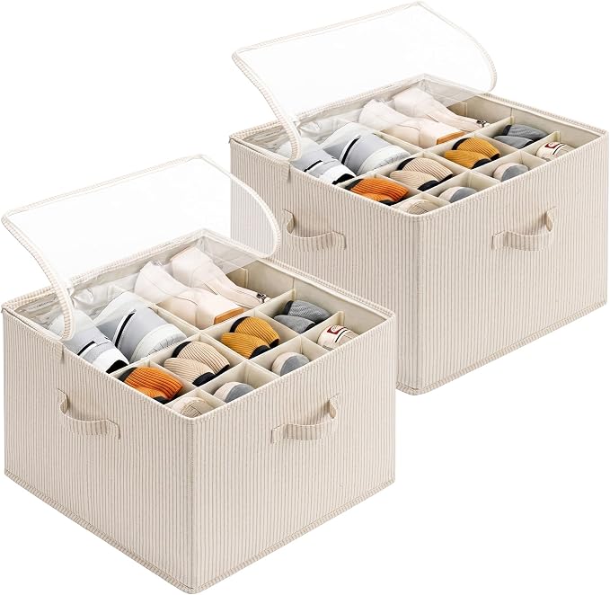 StorageWorks 2 Pack Shoe Organizer for Closet, Foldable Shoe Storage Box with Adjustable Dividers, Fabric Shoe Organizer for Entryway, Fits up to 16-32 Pairs, Khaki and Beige Stripes by StorageWorks