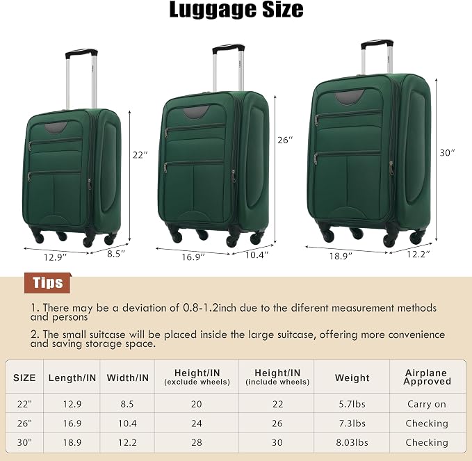 Merax Softside Luggage Set, Travel Suitcase Expandable Lightweight 3 Piece | Luggage Sets with Spinner Wheels 22" 26" 30" Suitcase with TSA Lock (Dark Green) - Image 3