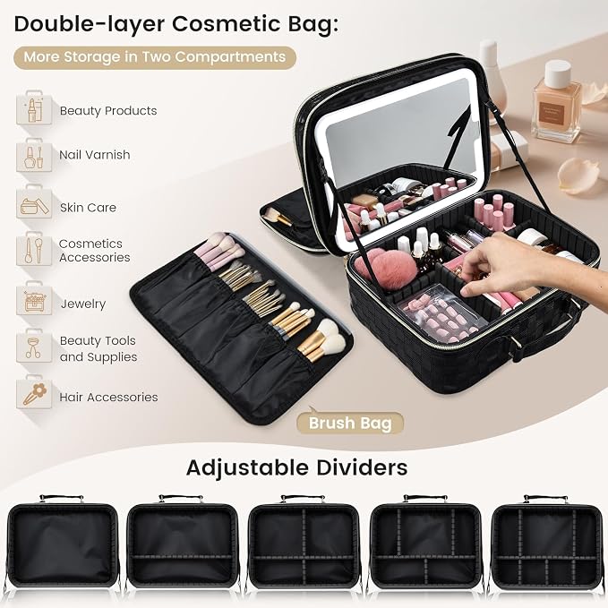 Makeup Bag with LED Lighted Mirror 12.2 IN Cosmetic Train Case Double Layer Makeup Case Adjustable Brightness in 3 Colors Cosmetic Organizer Artist Storage with Brush Holder Vanity Black Checkerboard - Image 6