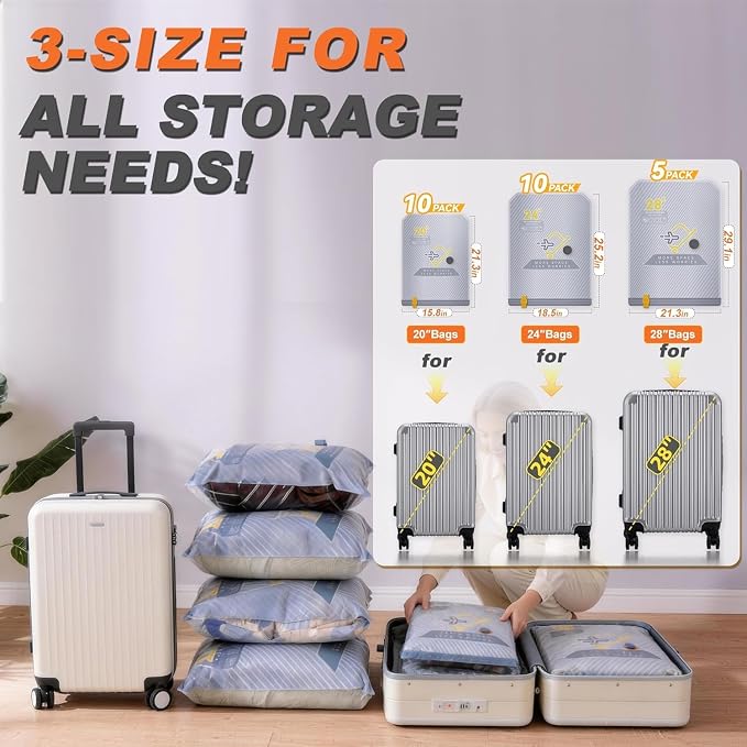 25-Pack Vacuum Bags for Travel with Wireless Rechargeable Pump, Carry-on Size Compression Packing Bags for Luggage & Suitcase, Space Saver for Clothes & Clothing, 25 Combo Travel Size, Fast 3S Vacuum - Image 2