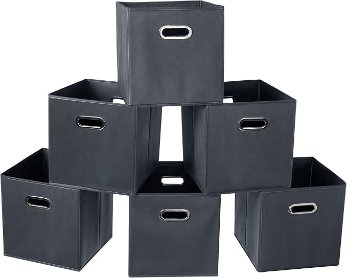 Fabric Cloth Storage Bins,Fabric Cube Organizer with Dual Handles Foldable Cube Storage Baskets for Home Bedroom Storage,Set of 6, Gray by SEVENDOME