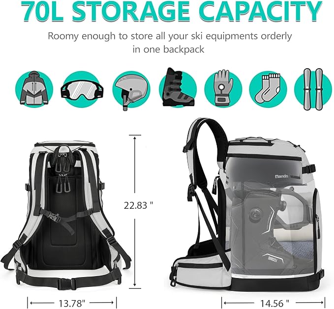 Ski Boot Bag, 55L/70L Waterproof Ski and Snowboard Boots Travel Backpack for Skis, Snowboard, Ski Helmet, Goggles, Gloves & Accessories - Image 2